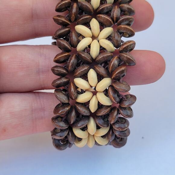 Vintage wood bead bracelet floral stretch 70s boho natural hippie style - Picture 5 of 10